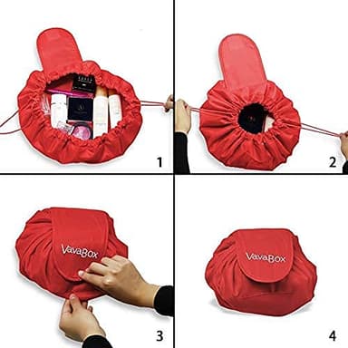 Lazy Drawstring Makeup Bags, Large Capacity Waterproof Travel Portable Cosmetic Bag Pouch Makeup Pouch Storage Organiser for Women Girl (Red) view 3