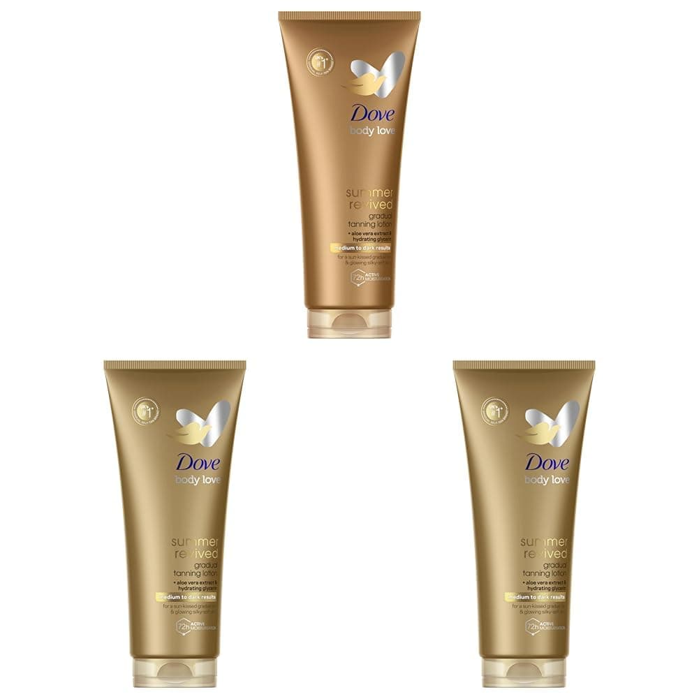 Dove Summer Revived Medium to Dark Gradual Tanning Lotion for a gradual tan and natural, radiant glow non‑greasy self-tan for all skin types 200 ml (Pack of 3)