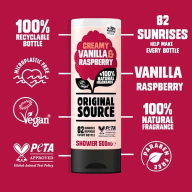 Original Source Vanilla Milk and Raspberry Shower Gel, 100 Percent Natural Fragrance, Vegan, Cruelty Free, Paraben Free, Bulk Buy, Pack of 6 x 500 ml view 4
