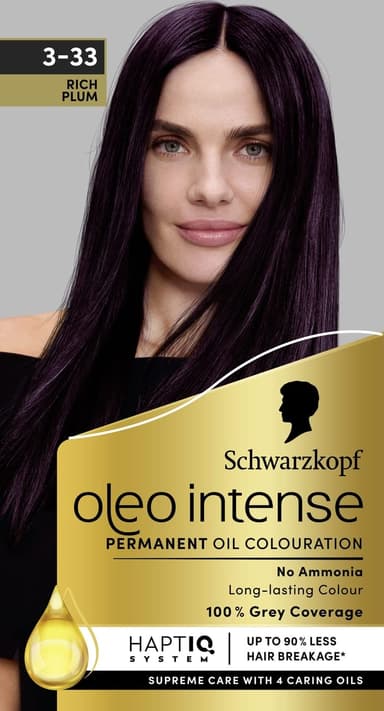 Schwarzkopf Oleo Intense Permanent Oil Colour 3-33 Rich Plum Hair Dye, 100% Grey Coverage, Conditioner With HaptIQ System, Long-Lasting Colour, Ammonia Free Hair Dye view 1