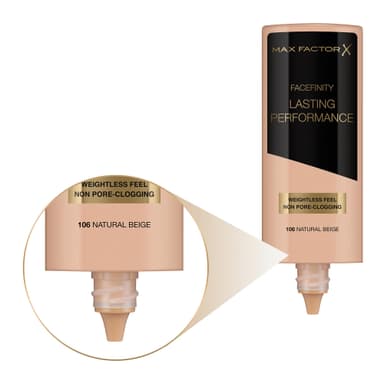 Max Factor Lasting Performance Liquid Foundation, 106 Natural Beige, Full Coverage, Flawless and Radiant Finish, Lightweight Formula, Smudge Resistant, Non Pore-Clogging, Fragrance Free, 35ml view 4
