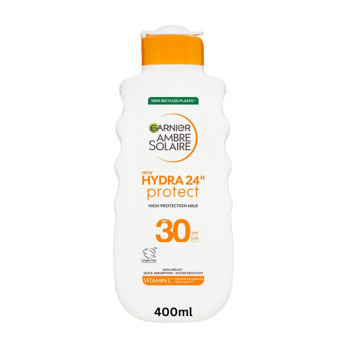 Garnier Ambre Solaire Hydra 24H Protect Lotion SPF30 400ml, Up To 24H Hydration With Vitamin E, Non Greasy Fast Absorption, Water Resistant, Cruelty-Free International Approved