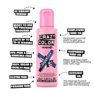 Crazy Color Metallic Sapphire Semi-Permanent Hair Dye. Highly Pigmented Deep Blue Conditioning & Oil Nourishing Vegan Formula | No Bleach or Ammonia | 100ml view 4