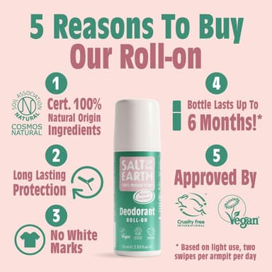 Salt of the Earth - Natural Deodorant Roll On - Melon & Cucumber - Vegan Formula with Effective Long-Lasting Protection, Made in the UK - Suitable for Women, Men & Kids - 75ml view 2
