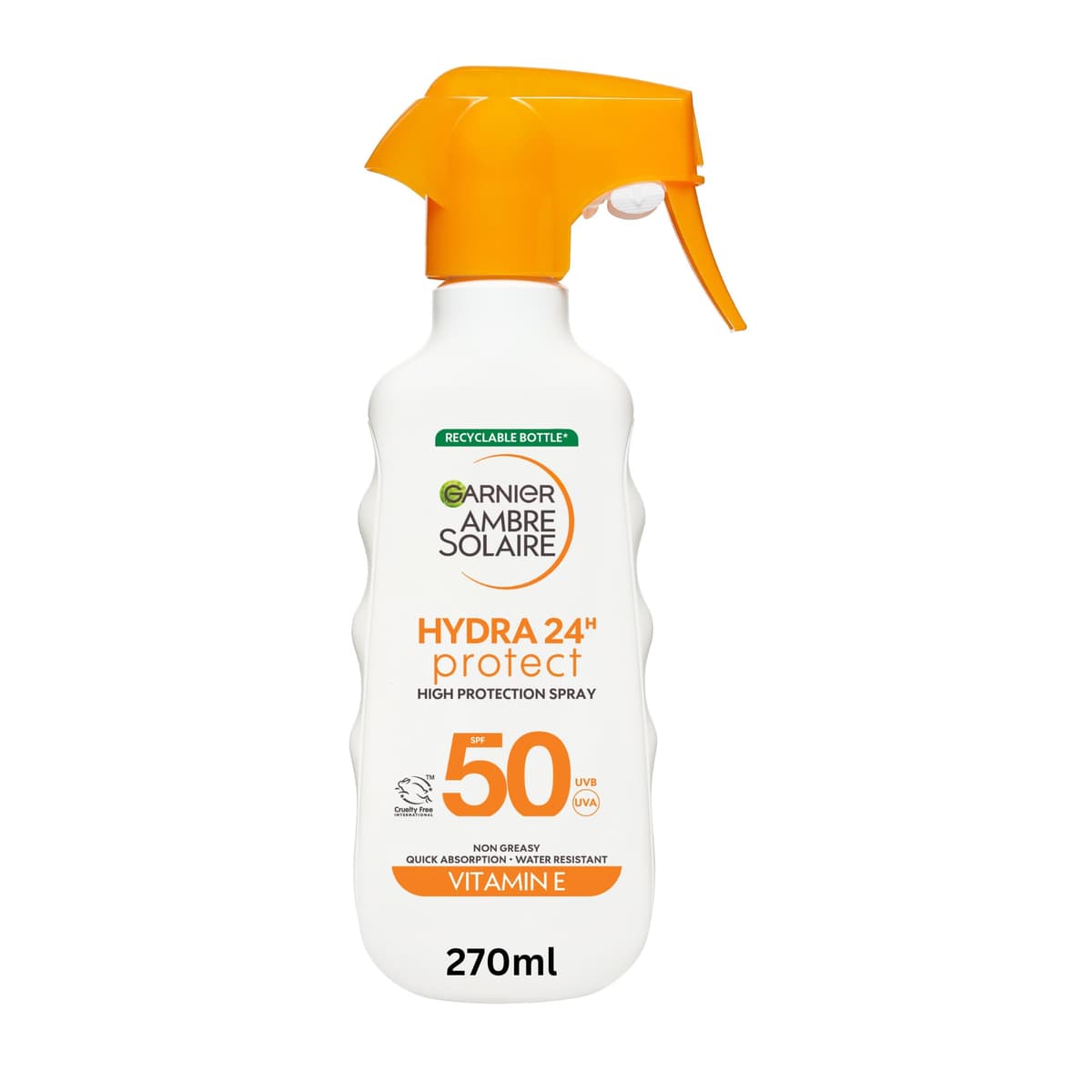 Garnier Ambre Solaire Hydra 24H Protect Trigger Spray SPF50 270ml, Up To 24H Hydration With Vitamin E, Non Greasy Fast Absorption, Water Resistant, Vegan Formula, Cruelty-Free International Approved