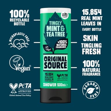 Original Source Mint & Tea Tree Shower Gel, 100 Percent Natural Fragrance, Vegan, Cruelty Free, Paraben Free, Bulk Buy, Pack of 6 x 500 ml view 4