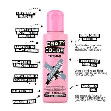 Crazy Color Metallic Graphite Semi-Permanent Hair Dye. Highly Pigmented Silver Toner Conditioning & Oil Nourishing Vegan Formula | No Bleach or Ammonia | 100ml view 4