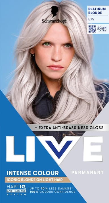 Schwarzkopf LIVE Intense Colour B15 Platinum Blonde, Long-lasting Permanent Blonde Hair Dye, Iconic Blondes on Lighter Hair, With Extra No-Brassiness Gloss view 1