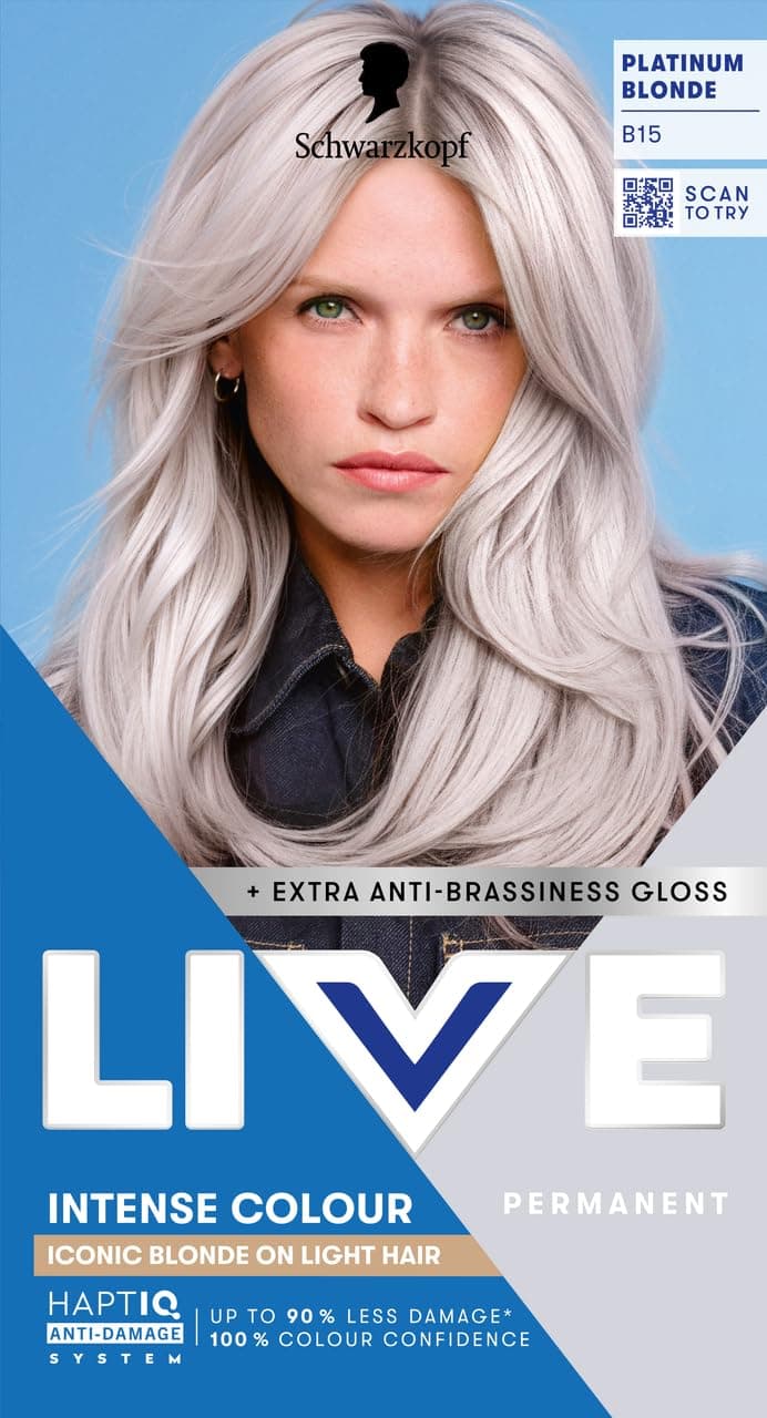 Schwarzkopf LIVE Intense Colour B15 Platinum Blonde, Long-lasting Permanent Blonde Hair Dye, Iconic Blondes on Lighter Hair, With Extra No-Brassiness Gloss