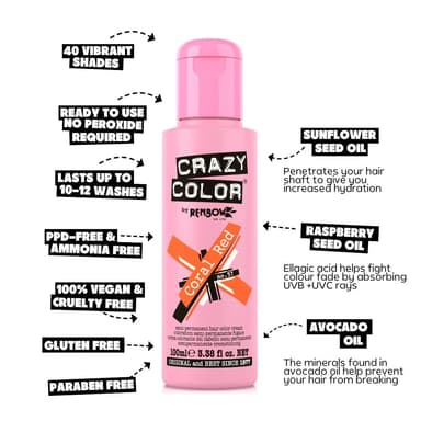 Crazy Color Vibrant Coral Red Semi-Permanent Duo Hair Dye. Highly Pigmented Copper Conditioning & Oil Nourishing Vegan Formula | No Bleach or Ammonia | 200ml view 4