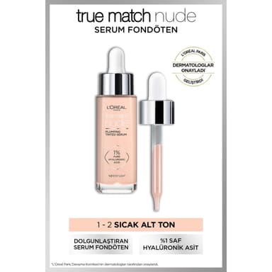 L'Oréal Paris True Match Tinted Serum Foundation, 1% Hyaluronic Acid, Hydrating Formula, Replumps Skin in 1 Hour for a Natural Glowing Finish, 30 ml, Shade 1-2 Rosy Light view 1