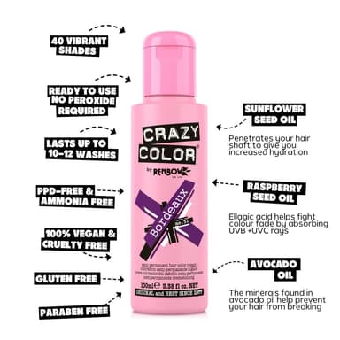 Crazy Color Vibrant Bordeaux Semi-Permanent Hair Dye. Highly Pigmented Plum Wine Conditioning & Oil Nourishing Vegan Formula | No Bleach or Ammonia | 100ml view 4