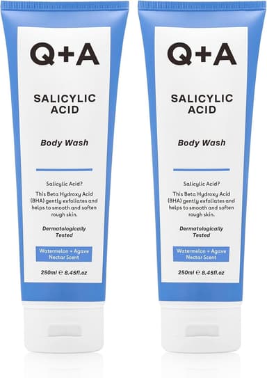 Q+A Salicylic Acid Body Wash (250ml x 2), Sensitive Shower Gel, Body Care, Shower Gel with Green Tea Extract and BHA, Gently Exfoliates, Smoothes, and Softens the skin view 1