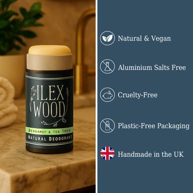 The Ilex Wood Natural Deodorant Stick 70ml – Handmade in UK, Aluminium Salts Free, Plastic Free, Alcohol Free, Vegan, Eco Friendly Cardboard Tube – Bergamot and Tea Tree (Citrus) view 2