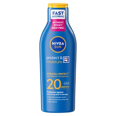 NIVEA SUN Protect & Moisture Sun Lotion SPF 20 (200 ml), Suncream with Vitamin C and Hyaluron, Provides 48 Hour Moisture and Immediate UVA/UVB Protection, Fast-Absorbing, No White Cast Formula view 1