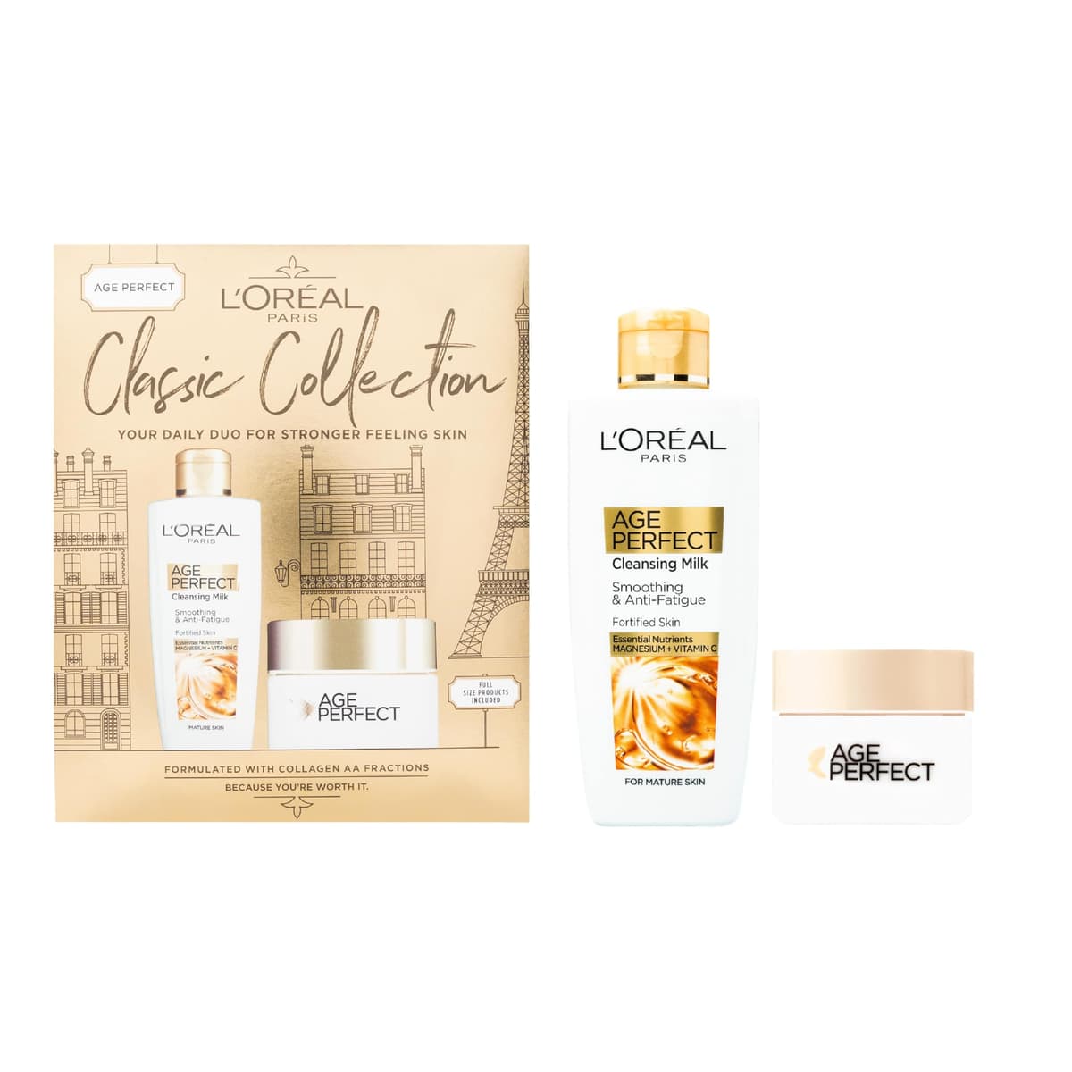 L’Oréal Paris Gift Set, Includes Cleansing Milk and Moisturiser, Age Perfect Collagen Anti-Ageing Routine For Smoothing and Retightening, Classic Collection