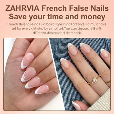ZAHRVIA Almond French Press On Nails - 120Pcs French False Nails - Fake Nail White Tip False Nail Kit - Full Cover Stick on Nail Art Manicure Decorations view 3
