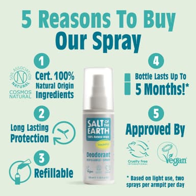 Salt of the Earth - Refillable Deodorant Spray - 100% Natural Origin Ingredients - Fragrance Free - Vegan - Smart Refillable Format - 100ml view 2