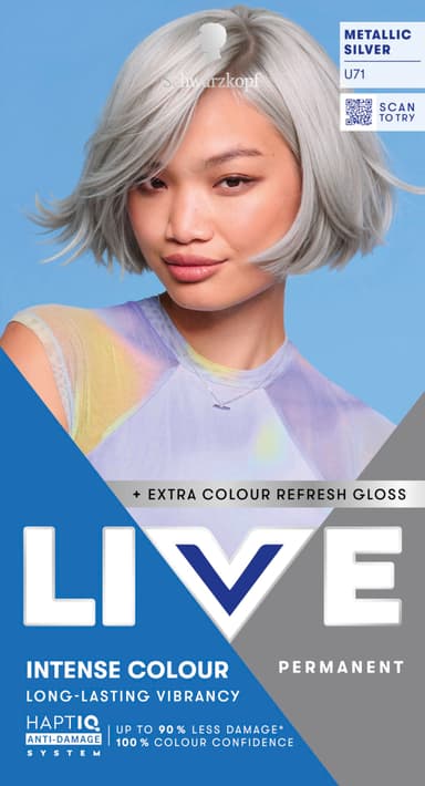 Schwarzkopf LIVE Intense Colour U71 Metallic Silver, Long-lasting Permanent Silver Hair Dye, With Extra Colour Refresh Gloss view 1