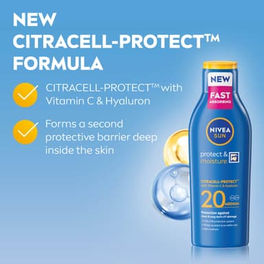 NIVEA SUN Protect & Moisture Sun Lotion SPF 20 (200 ml), Suncream with Vitamin C and Hyaluron, Provides 48 Hour Moisture and Immediate UVA/UVB Protection, Fast-Absorbing, No White Cast Formula view 3