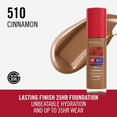 Rimmel Lasting Finish 35Hr Foundation 510 Cinnamon, Full Coverage, Hydrating, SPF20, Hyaluronic Acid, Vitamin E, 2% Niacinamide, All Day Wear, Vegan, Cruelty Free view 2