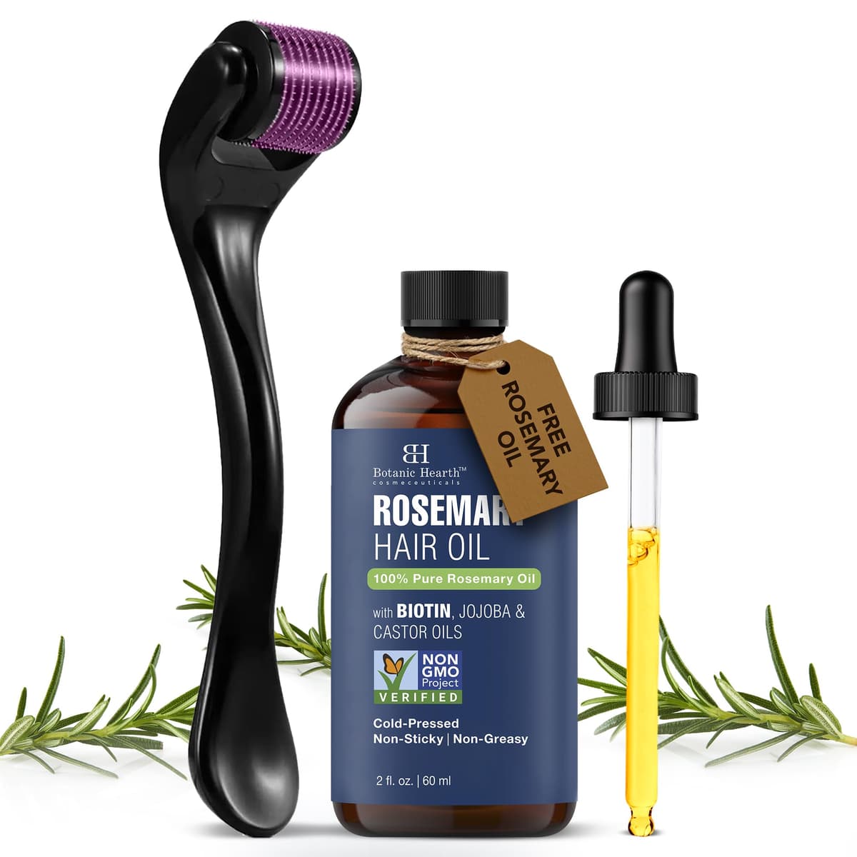 Botanic Hearth Rosemary Oil for Hair Growth | Strengthening Biotin, Jojoba, Castor Hair Growth Oil for frizzy hair | Dry, Damaged Scalp Treatment | Color Safe | All Hair Types | 2 oz (+ Derma Roller)