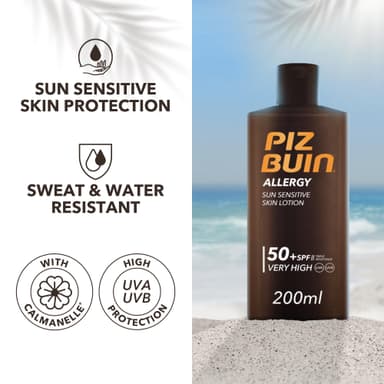 Piz Buin Allergy Sensitive Skin Sun Cream SPF 50+ Moisturiser (200ml), Nourishing and Ultra-Hydrating Sunscreen, Caring Lotion with Calmanelle, Sweat & Water Resistant view 2
