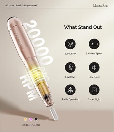 MelodySusie PC120I Nail Drill 20000RPM E File for Beginners, Compact Electric Nail Files Portable Nail Drill Machine Manicure Pedicure Set for Acrylics Nails and Gel Nails , Gold view 4