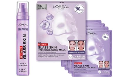 L'ORÉAL Paris Glass Skin Hyaluronic Mask and Cream Duo, Hydrogel Glow Face Mask 4 Pack and Glass Skin Liquid Face Cream (70ml), Visible Plump, Smoothed, Glowing Skin, Powered by Hyaluronic Acid, 70ml view 1