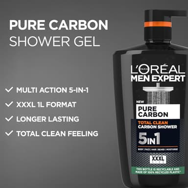 L'Oréal Men Expert, Pure Carbon, 5-in-1 XXL Shower Gel, A Total Action Body, Face, Hair Wash, Shave and Moisturiser Powered By Carbon, Total 5-in-1 Action, Large 1L Pump view 3