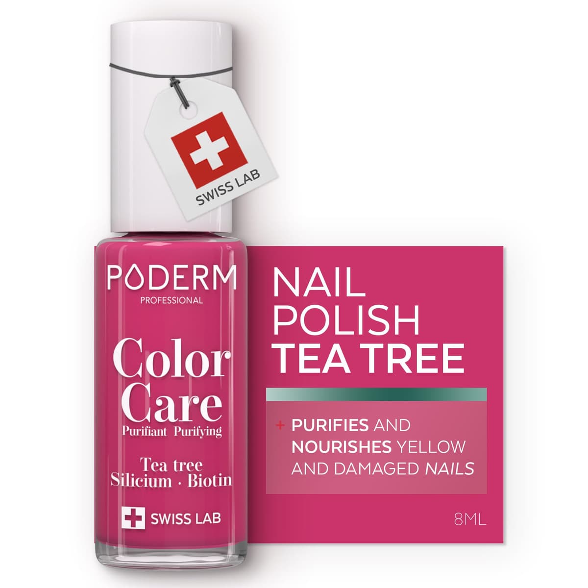 PODERM Nail Care Polish with Tea Tree - Raspberry | Swiss Lab - 8ML | Enriched with Tea Tree, Silicon & Biotin | Purifies, Clarifies & Nourishes Yellow Nails | Created by a Podiatrist
