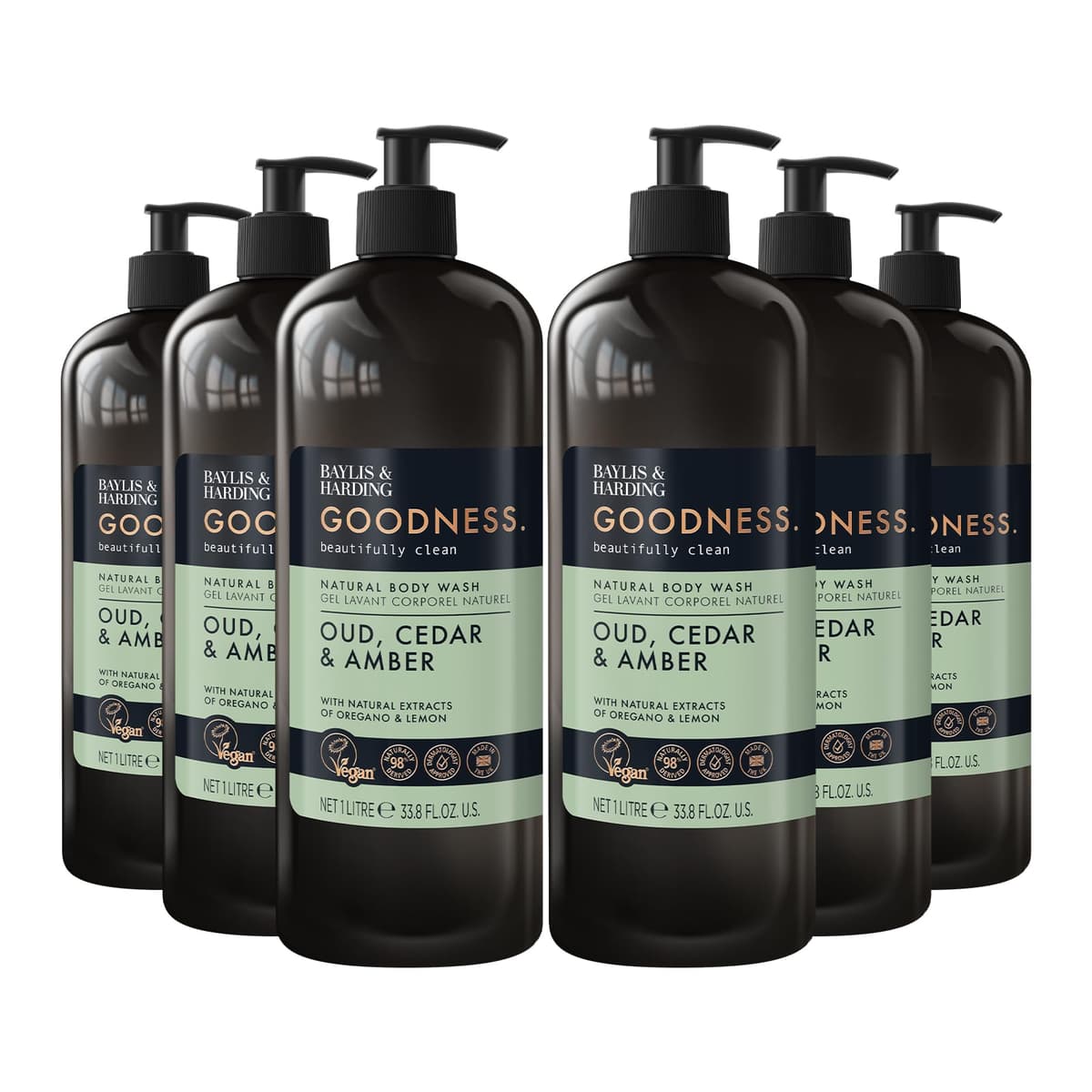 Baylis & Harding Goodness Oud, Cedar & Amber Body Wash, 1 Litre (Pack of 6) - Vegan Friendly