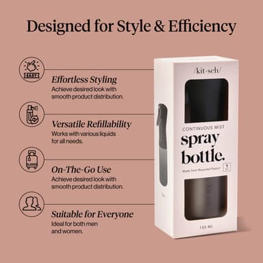 Kitsch Spray Bottle for Hair 150ml - Continuous Water Spray bottle for Hair, Cleaning, Gardening, Versatile Spray Bottles - With Ultra Fine Mist - Made from Recycled Plastic - Black view 3