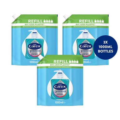 Carex 2 Hour Protection Antibacterial Original Hand Wash Refills, Liquid Hand Soap Eco Refill for Homes & Businesses, Clean & Protect Hands, Bulk Buy, Pack of 3 x 1 litre view 1