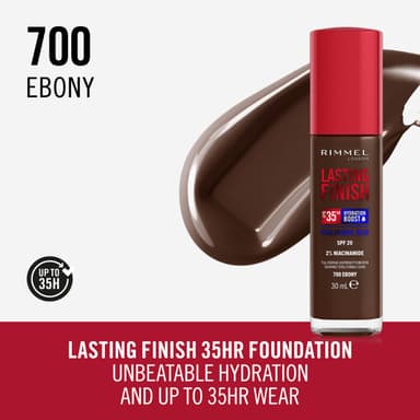 Rimmel Lasting Finish 35Hr Foundation 700 Ebony, Full Coverage, Hydrating, SPF20, Hyaluronic Acid, Vitamin E, 2% Niacinamide, All Day Wear, Vegan, Cruelty Free view 2