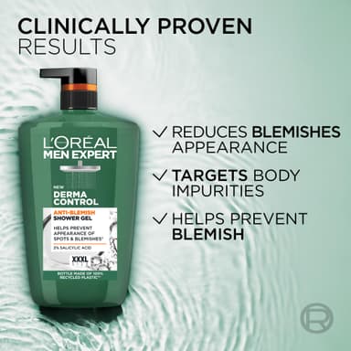 L'Oréal Men's Shower Gel, Men Expert Derma Control Anti-Blemish Body Wash 1L Pump, Prevents Spots & Reduces Blemishes, Dermatologically Tested for Sensitive Skin, XXL Size view 3