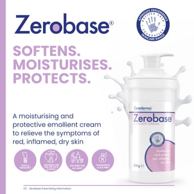 Zeroderma Zerobase Emollient Cream 2-in-1 Moisturiser & Soap Substitute, for Dry & Eczema-Prone Skin, Restores Skin Barrier, 21 percent w/w Paraffins, 500g view 2