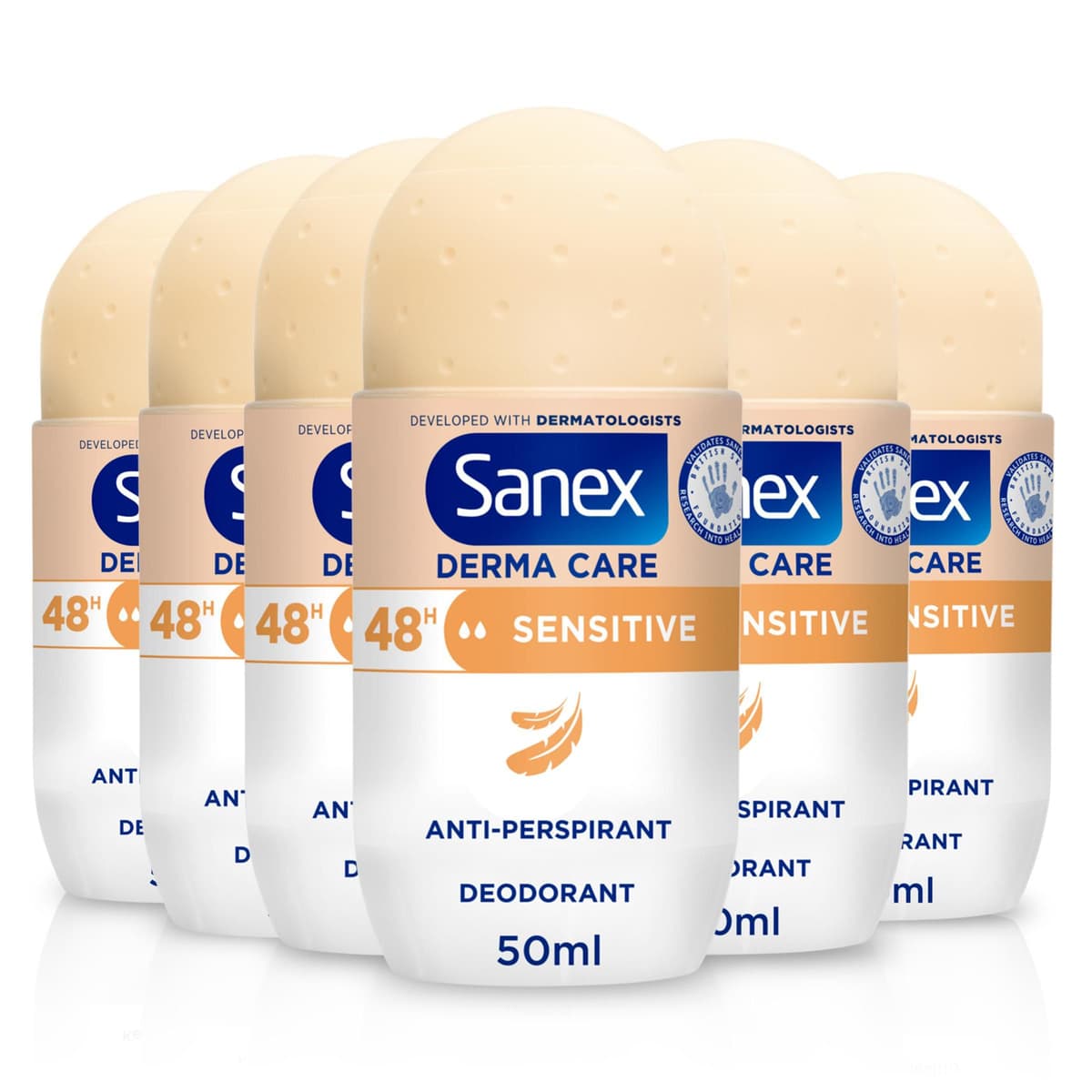 Sanex Derma Care Sensitive 48-Hour Antiperspirant Roll-On Deodorant 6x50ml – long-lasting freshness against sweat and odour – gently cares for skin – contains 0% alcohol*