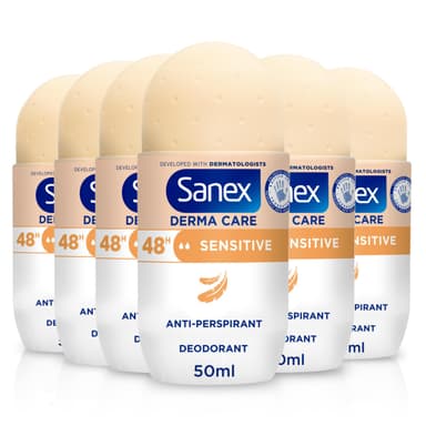 Sanex Derma Care Sensitive 48-Hour Antiperspirant Roll-On Deodorant 6x50ml – long-lasting freshness against sweat and odour – gently cares for skin – contains 0% alcohol* view 1
