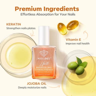 Modelones Nail Care 8 in one Ridge Filling Strengthener Treatment, Nail Polish Strengthener for Damaged and Weak Nails, Nail Hardener Extra Strong and Growth Smoothing Glitter Nude Nail Varnish 15ml view 4