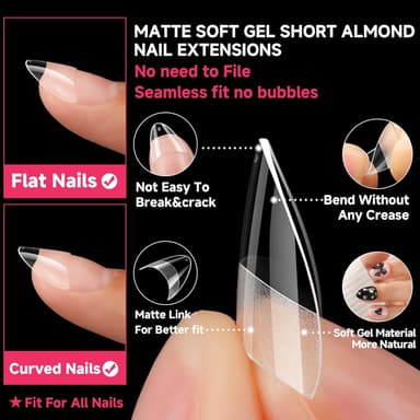 UNA GELLA Nail Tips 504Pcs False Nails Half Matte Full Cover Clear Acrylic Gel Fake Nails for Extensions Nail Art DIY Salon 12 Sizes Short Almond-Half view 4