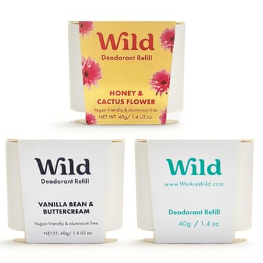 Wild Aluminium Free Natural Deodorant Refill Variety Pack - Includes Honey & Cactus Flower, Vanilla Bean & Buttercream and Fresh Cotton & Sea Salt Scents - Long Lasting 24 Hour Odour Protection view 1
