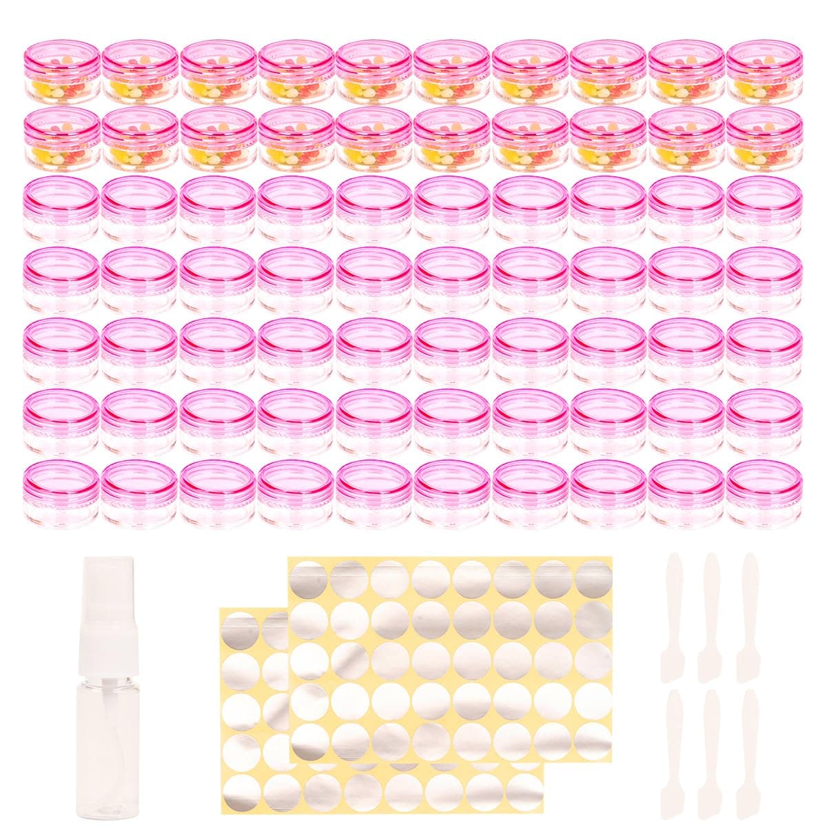 70 Pcs sample pots,5ml with lids cosmetic pot, mini cream empty containers,pink small with makeup lip balm jars,for travel face cream, samples, cosmetics empty plastic pot