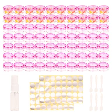70 Pcs sample pots,5ml with lids cosmetic pot, mini cream empty containers,pink small with makeup lip balm jars,for travel face cream, samples, cosmetics empty plastic pot view 1