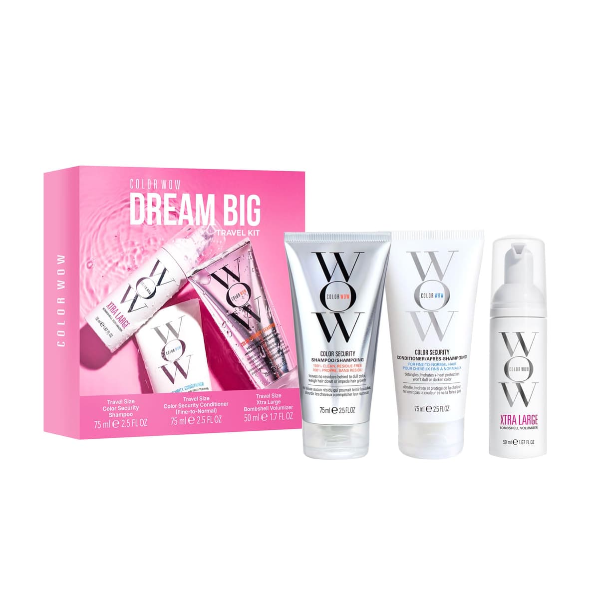 COLOR WOW Dream Big Travel Kit – Volumising Essentials for Fine, Flat Hair | Includes Mini Shampoo, Conditioner + Xtra Large Foam | Instant Volume + Lift, Weightless Feel, Bombshell Results