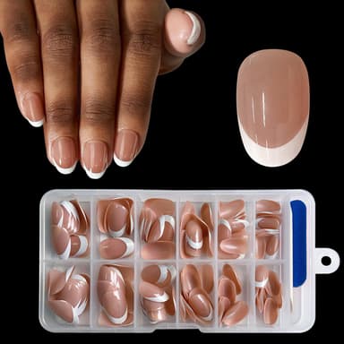 ZAHRVIA French False Nails -Press On Nails Short Round - Fake Nails Tip French False Nail Kit - Full Cover Stick on Nail Art Manicure Decorations (Short Ellipses-Dark Nude) view 1