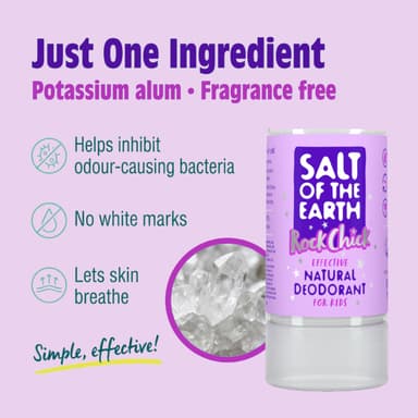 Salt of the Earth - Natural Crystal Deodorant Rock Chick for Kids - Fragrance Free, Vegan Formulas with Long Lasting Protection, Cosmos & Leaping Bunny Approved - 90g view 2