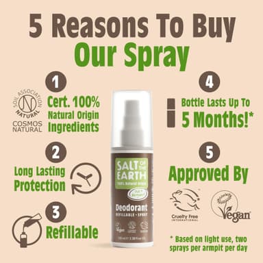 Salt of the Earth - Refillable Natural Deodorant Spray - 100% Natural Origin Ingredients - Oud & Bergamot - Suitable For Women, Men & Kids - Vegan - Smart Refillable Format - 100 ml view 2