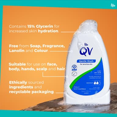 QV Gentle Wash (250g) for Dry, Sensitive Skin, pH Balanced, Unscented, Soap Free Body Wash, Moisturising Soap alternative that lathers for Dry Skin, Eczema, Psoriasis, Dermatitis view 4