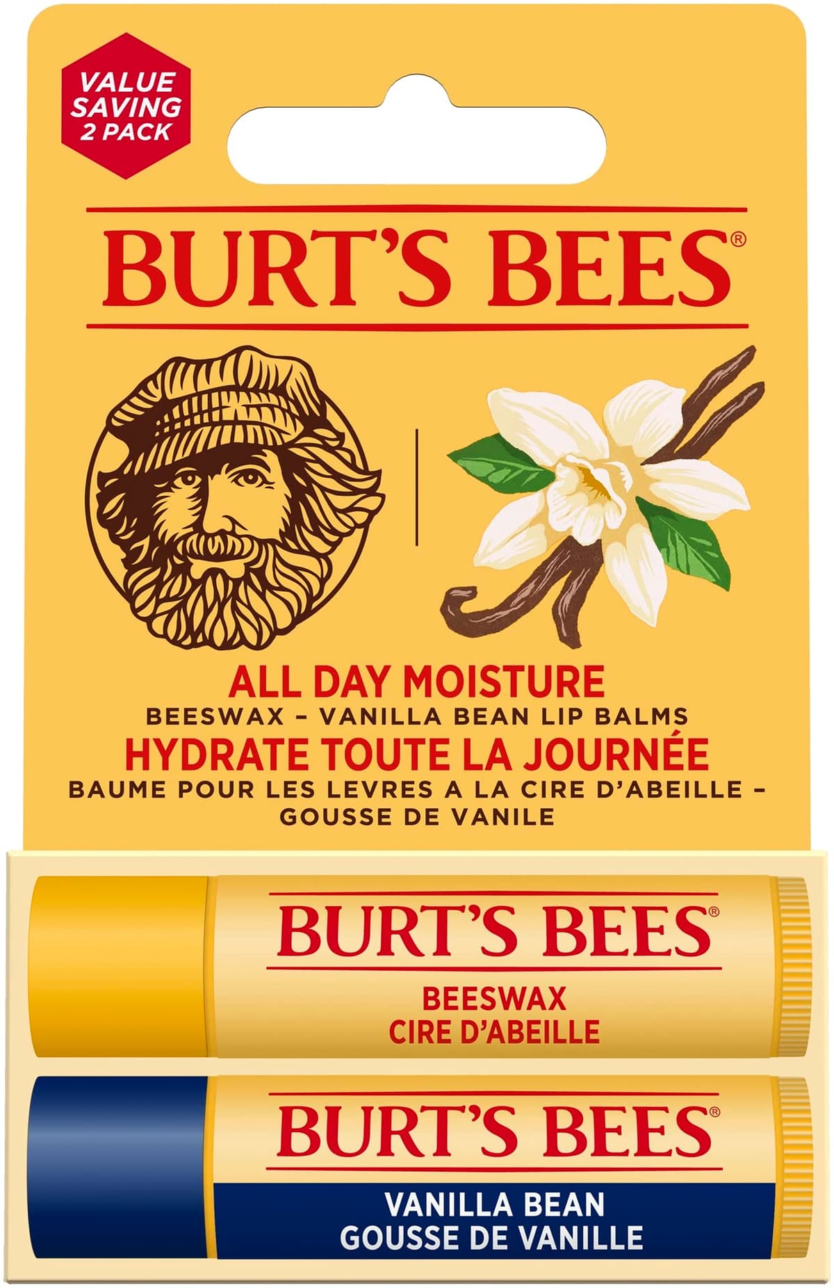 Burt's Bees Lip Balm Duo Pack, Includes Moisturising Beeswax with Peppermint & Vitamin E and Vanilla Bean, 2x4.25g